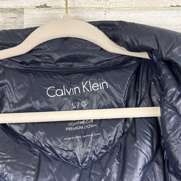 Calvin Klein Women’s L Navy Blue Hooded Long Down Feather Puffer Jacket - Picture 3 of 5